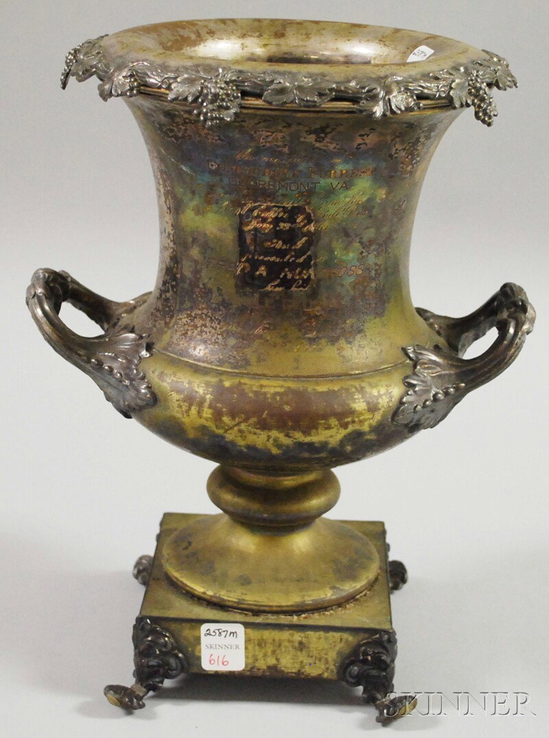 Civil War-related Silver-plated Urn, America, late: Civil War-related Silver-plated Urn, America, late 19th/early 20th century, the urn with engraved presentation "Taken from the residence of COMMODORE FORREST/CLAREMONT [sic] VA./on the retreat from th