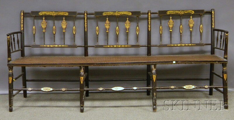 Black-painted and Gilt-decorated Sheraton Settee w: Black-painted and Gilt-decorated Sheraton Settee with Caned Seat, (later paint, loose stretchers, rear leg ht. loss, abrasions to legs), lg. 78 3/4, seat ht. 17 1/4 in.
