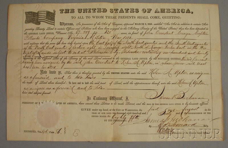 August 1, 1860 U.S. Land Grant for Military Servic: August 1, 1860 U.S. Land Grant for Military Service in the War of 1812, issued to John Overstreet and Helen A. Upton for 120 acres in Nebraska, by President James Buchanan, unframed.