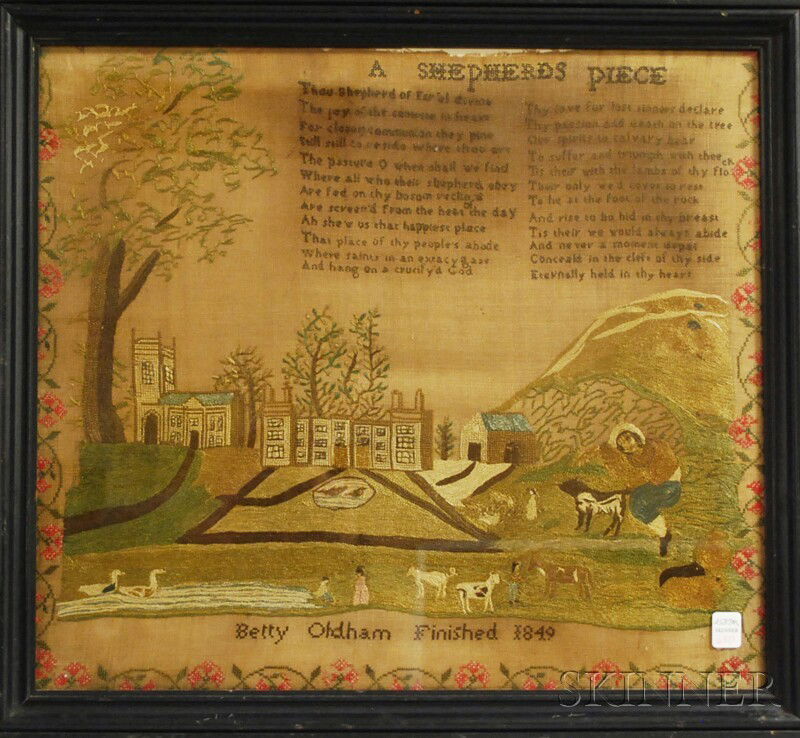 Pictorial Needlework Sampler, "Betty Oldham Finish: Pictorial Needlework Sampler, "Betty Oldham Finished 1849," worked in silk threads on a linen ground with a pious verse "A SHEPHERDS PIECE" over a scene depicting Christ as a shepherd resting on a hil