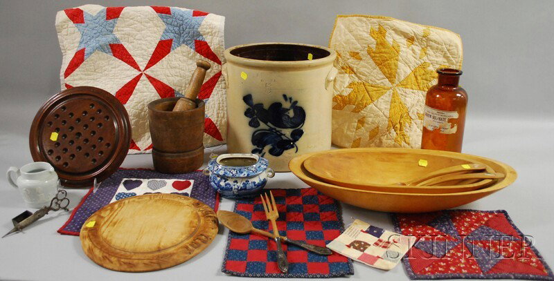 Group of Assorted Country Items, including an N.A.: Group of Assorted Country Items, including an N.A. White, Utica, New York, cobalt floral-decorated stoneware crock, an amber glass apothecary jar, steel wick scissors, two doll quilts, a wood breadboa