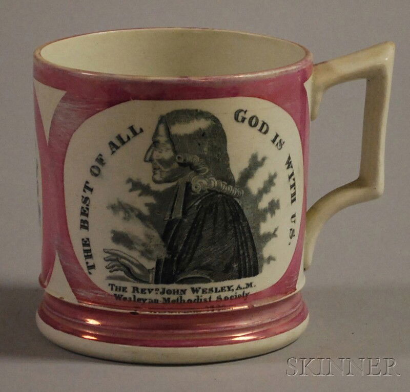 Sunderland Pottery Pink Lustre and Transfer-decora: Sunderland Pottery Pink Lustre and Transfer-decorated "Rev.'d John Wesley" Mug, England, early 19th century, one side depicting a profile bust of the reverend, and the inscription "The Best of All/God