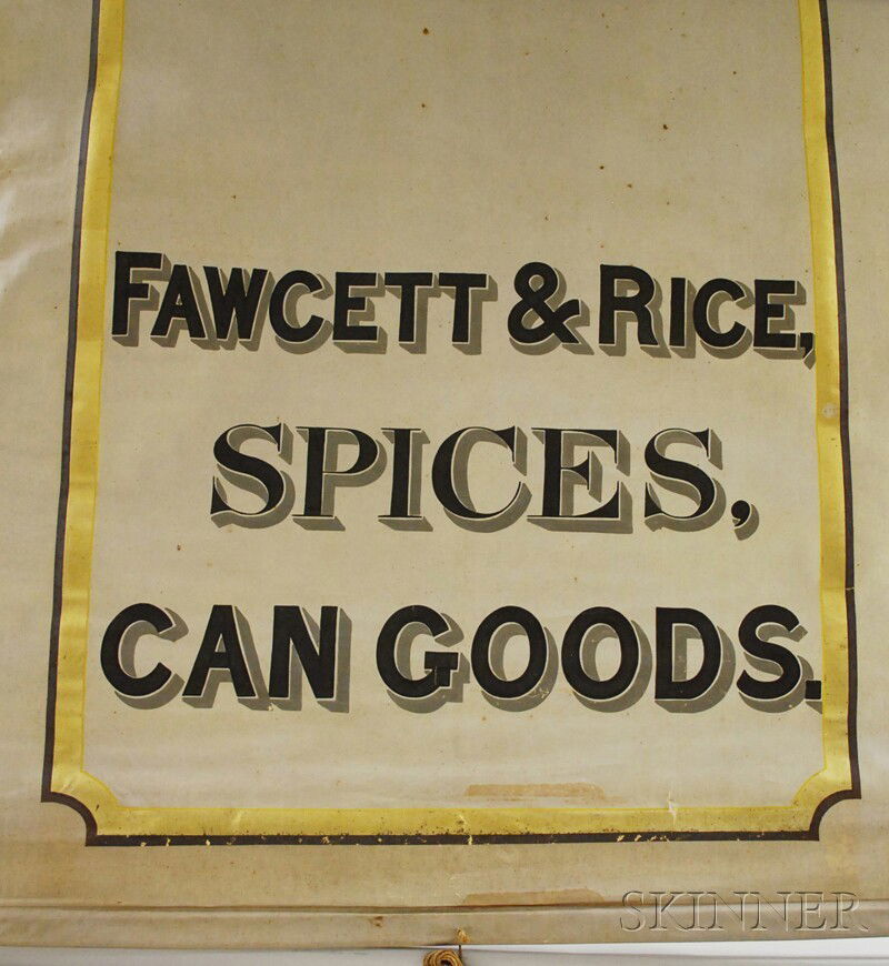 Three Hand-painted Canvas Grocery Store Banners, p: Three Hand-painted Canvas Grocery Store Banners, painted by "Wadsworth, Boston," late 19th/early 20th century, roller shade form with black lettering on a gray ground with gilt lettering, for Fawcett
