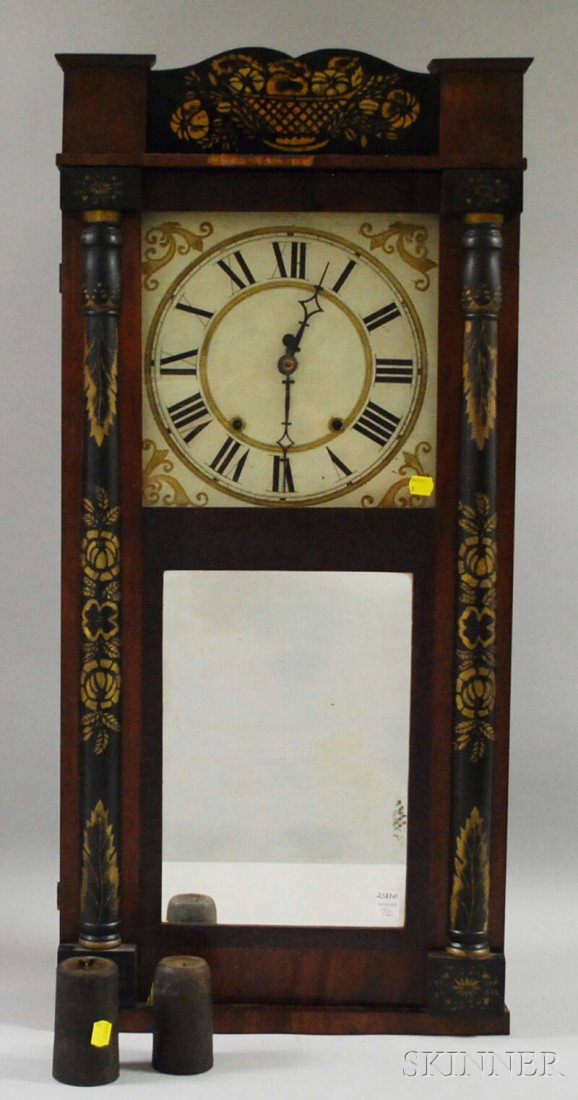 Jeromes' and Darrow Mahogany Shelf Clock, Bristol,: Jeromes' and Darrow Mahogany Shelf Clock, Bristol, Connecticut, stencil-decorated splat above a paint-decorated wooden Roman numeral dial with raised gilt spandrels, stenciled columns flaking a mirror