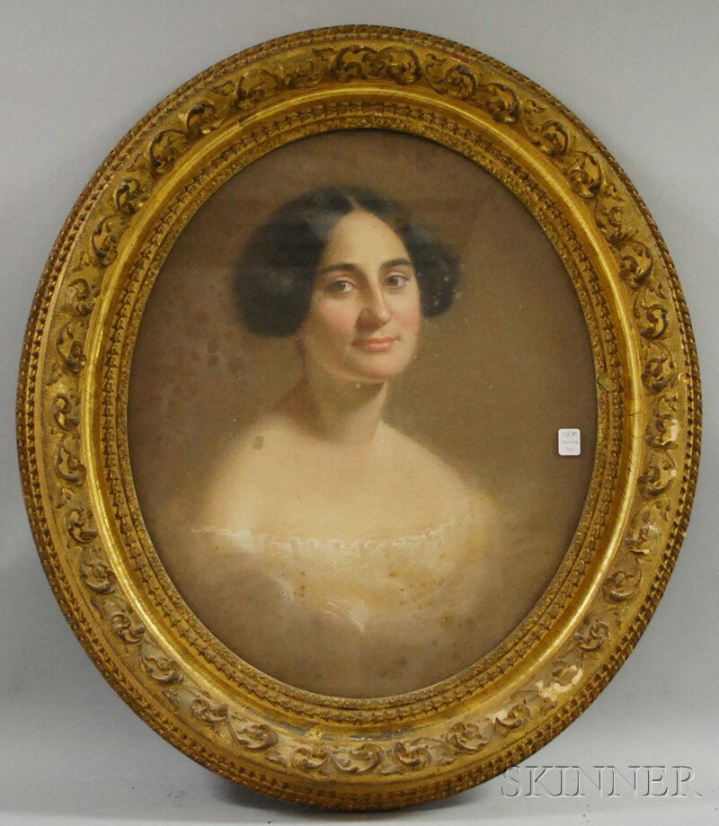 19th Century American School Oval Pastel on Paper: 19th Century American School Oval Pastel on Paper Portrait of Anne Griswold Flume (1813-1847), the first wife of Mrs. Gordon Webster Burnham, unsigned, in a gilt-gesso and wood frame, (foxing, stains)