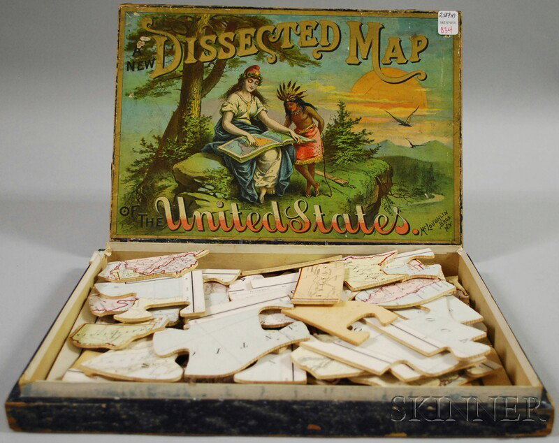 Lithographed Boxed Puzzle "Dissected Map of the Un: Lithographed Boxed Puzzle "Dissected Map of the United States," McLoughlin Bros., New York, 1887, (scattered losses to lithographed paper), 10 1/2 x 15 in.