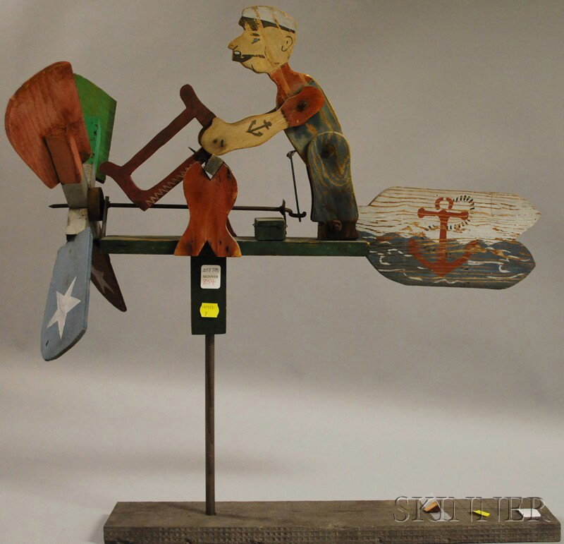 Polychrome-painted Wooden Popeye Whirligig, ht. 25: Polychrome-painted Wooden Popeye Whirligig, ht. 25, lg. 24 in.