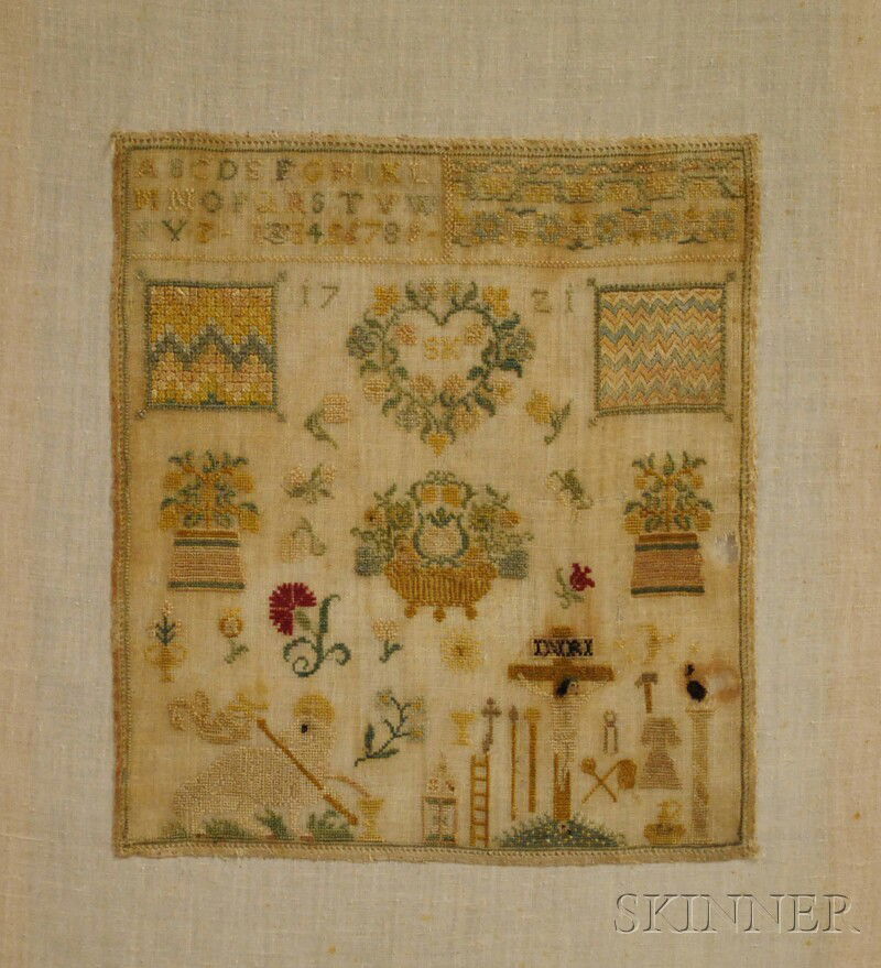 1721 Needlework Sampler, England, initialed "SK,": 1721 Needlework Sampler, England, initialed "SK," mounted on cotton with stretcher, (stains, hole), 9 3/4 x 18 3/4 in.