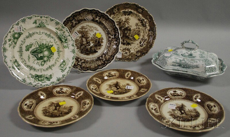 Seven Pieces of English Transfer-decorated Staffor: Seven Pieces of English Transfer-decorated Staffordshire Tableware, including teal and white Napier pattern covered serving dish, green and white Fruit Basket pattern plate, a brown and white Asiatic 