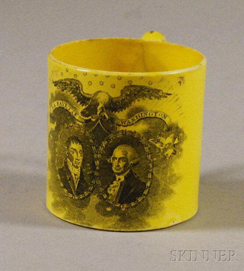 Transfer-decorated Lafayette and Washington Yellow: Transfer-decorated Lafayette and Washington Yellow-glazed Creamware Mug, (cracks), ht. 2 5/8 in.