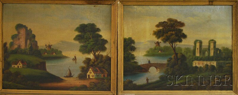 American/Continental School, 19th Century Two Fram: American/Continental School, 19th Century Two Framed Landscapes with Waterway Villages and Castle Ruins. Unsigned. Oil on paperboard, 19 x 23 1/2 in., in period molded wood frames. Condition: Surface 
