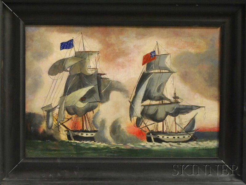 American School, 19th Century American and British: American School, 19th Century American and British Battleship Scene. Unsigned. Oil on canvas, possibly depicting the battle between the U.S.S. Constitution and the H.M.S. Guerriere,