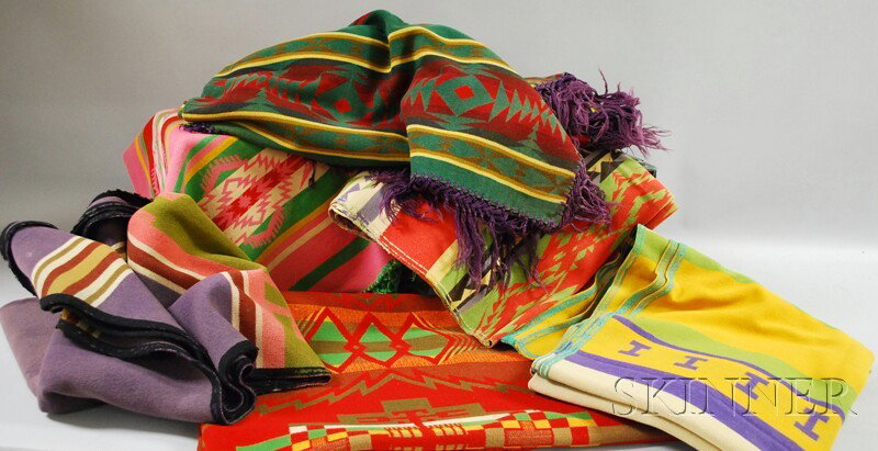 Six Vintage Wool Indian Trade Blankets, two with b: Six Vintage Wool Indian Trade Blankets, two with blanket-stitched fringe, and including Pendleton. Provenance: Estate of Susan Parrish.