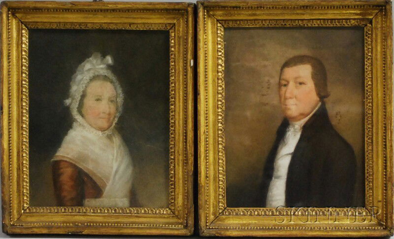 Possibly James Sharples (British, 1825-1893) Pair: Possibly James Sharples (British, 1825-1893) Pair of Portraits of a Husband and Wife. Unsigned. Pastel on paper, 9 1/2 x 7 3/4 in., in period molded gilt-gesso frames. Condition: The portrait of the m
