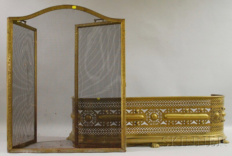 Brass and Wire Mesh Folding Fire Screen and a Pie: Brass and Wire Mesh Folding Fire Screen and a Pierced Sheet Brass Fire Fender, screen ht. 33 1/4, wd. center section 26, wd. side sections 13; fender ht. 12 1/4, wd. 41 1/4, dp. 14 1/2 in.