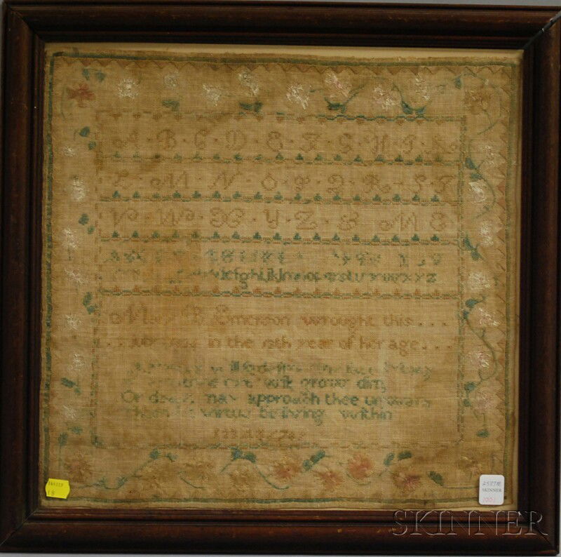 Framed 1824 Mary Emerson Needlework Sampler, (los: Framed 1824 Mary Emerson Needlework Sampler, (losses), sight size 16 x 17 in.