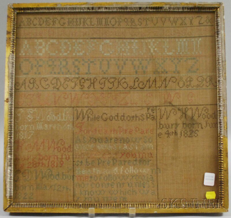 Framed Early 19th Century Needlework Wood Family: Framed Early 19th Century Needlework Wood Family Register/Sampler, record 1817-25, (color bleeding), sight size 17 x 17 3/4 in.
