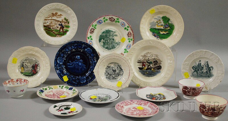Sixteen Pieces of English Transfer and Hand-paint: Sixteen Pieces of English Transfer and Hand-painted Staffordshire Tableware, including three handless cups, motto plates, Robinson Crusoe plate, Stag Hunt plate, children's plates, an alphabet seal hu