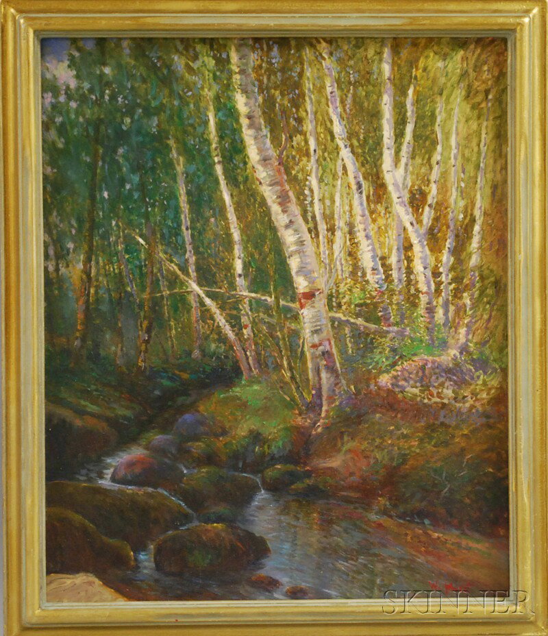 American School, 19th/20th Century Woodland Brook: American School, 19th/20th Century Woodland Brook with Birches. Signed "W. Merit" l.r. Oil on canvas, 24 x 19 3/4 in., framed. Condition: Natural pigment fluorescence, mild surface grime.