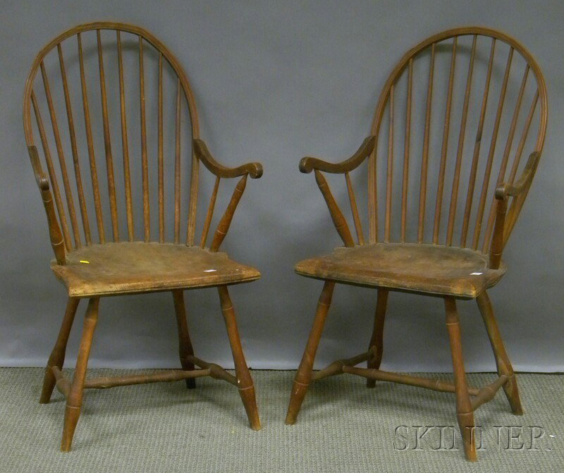 Pair of Windsor Bow-back Applied-arm Chairs, Rhod: Pair of Windsor Bow-back Applied-arm Chairs, Rhode Island, (stripped later finish loss, wear, one chair with later glueing of spindles at seat and crest), ht. 36 1/4, seat ht. 16, wd. 18, dp. 16 1/4 i