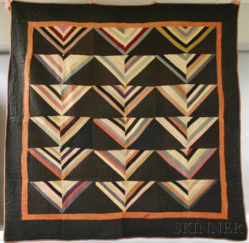 Amish Hand-stitched Pieced Wool and Cotton Repeat: Amish Hand-stitched Pieced Wool and Cotton Repeating Triangle Pattern Quilt, (fading, wear), 66 x 65 in. Provenance: Estate of Susan Parrish.