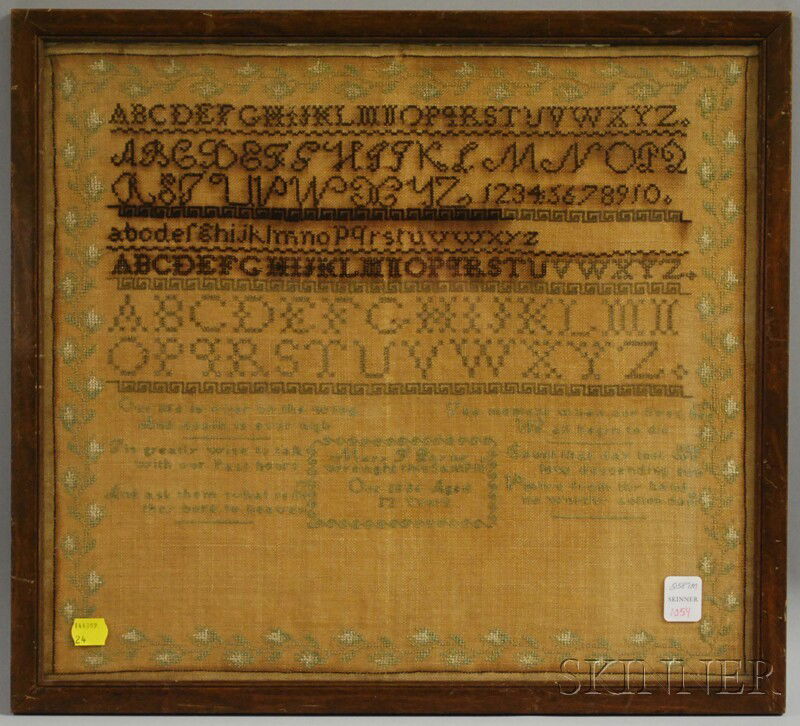 Framed 1836 Mary F. Payne Needlework Sampler, sig: Framed 1836 Mary F. Payne Needlework Sampler, sight size 15 x 16 3/4 in.