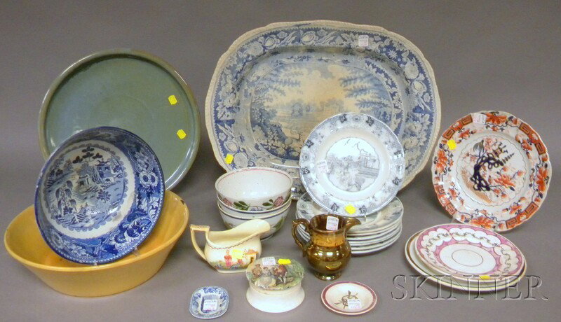 Twenty-three Pieces of English, Dutch, and Other: Twenty-three Pieces of English, Dutch, and Other Ceramic Tableware, including a pomade jar, three assorted plates, a cup plate, creamer, a toy platter, a large serving platter, a bowl, three small bow