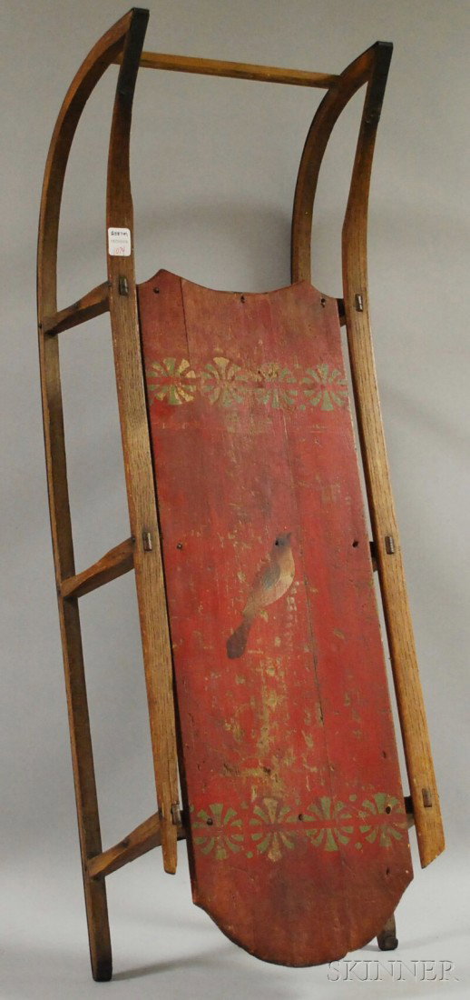 19th Century Painted and Bird-decorated Wood and: 19th Century Painted and Bird-decorated Wood and Iron Sled, lg. 35 3/4 in.