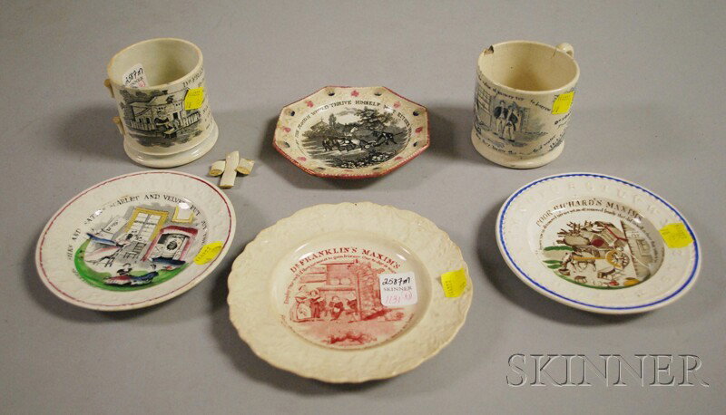 Six Transfer-decorated Staffordshire Pottery Chil: Six Transfer-decorated Staffordshire Pottery Children's Tableware, England, early 19th century, two mugs and four plates depicting Dr. Franklins Maxims and Proverbs, (one mug with broken handle, one w