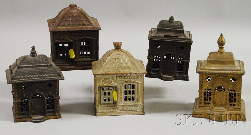 Five Cast Iron Architectural Still Banks, some wi: Five Cast Iron Architectural Still Banks, some with paint, ht. 5 1/2 to 7 in.