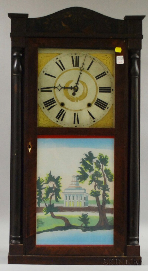 Riley Whiting Mahogany Shelf Clock, Winchester, C: Riley Whiting Mahogany Shelf Clock, Winchester, Connecticut, stencil-decorated splat and full turned columns flanking painted Roman numeral wooden dial with gilt spandrels, thirty-hour time and strike
