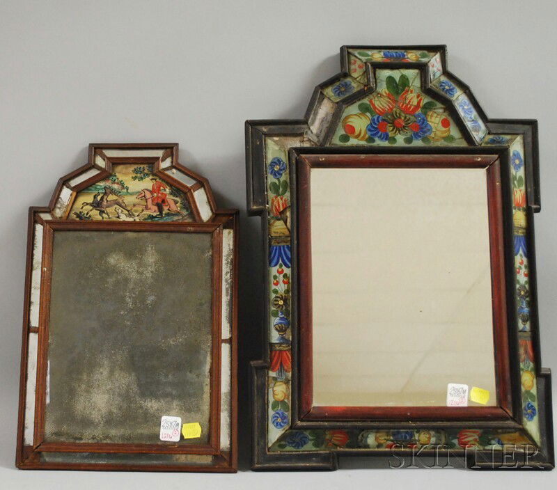 Two Courting Mirrors, Northern Europe, late 18th/: Two Courting Mirrors, Northern Europe, late 18th/early 19th century, with polychrome reverse-painted glass border segments, one painted with baskets and urns of flowers, the other with a hunting scene