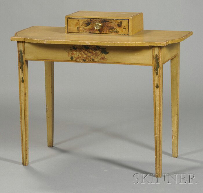 Mustard Yellow Paint-decorated Pine Dressing Tabl: Mustard Yellow Paint-decorated Pine Dressing Table, New England, c. 1820, the shaped top with single drawer above, on straight skirt joining tapering legs, painted surface simulated stringing and band