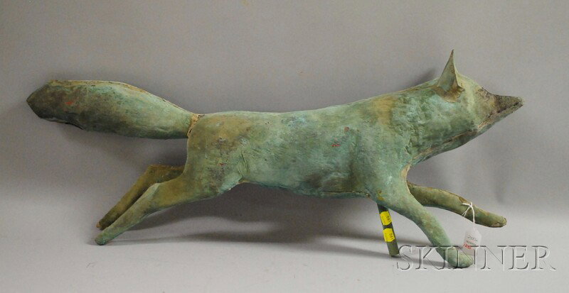 Patinated Molded Copper Full-body Running Fox Wea: Patinated Molded Copper Full-body Running Fox Weather Vane, John Garret Thew, Norfolk, Connecticut, no. 24, figure lg. 31 1/2 in.