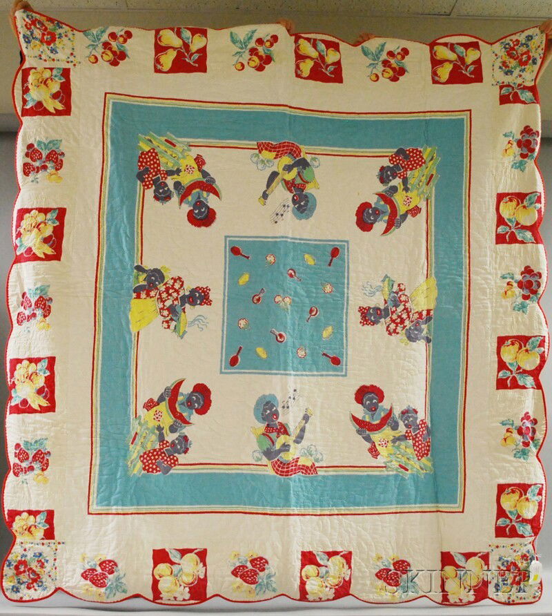 Pieced and Quilted Vintage Printed Cotton Tablecl: Pieced and Quilted Vintage Printed Cotton Tablecloth, 63 1/2 x 62 in. Provenance: Estate of Susan Parrish.
