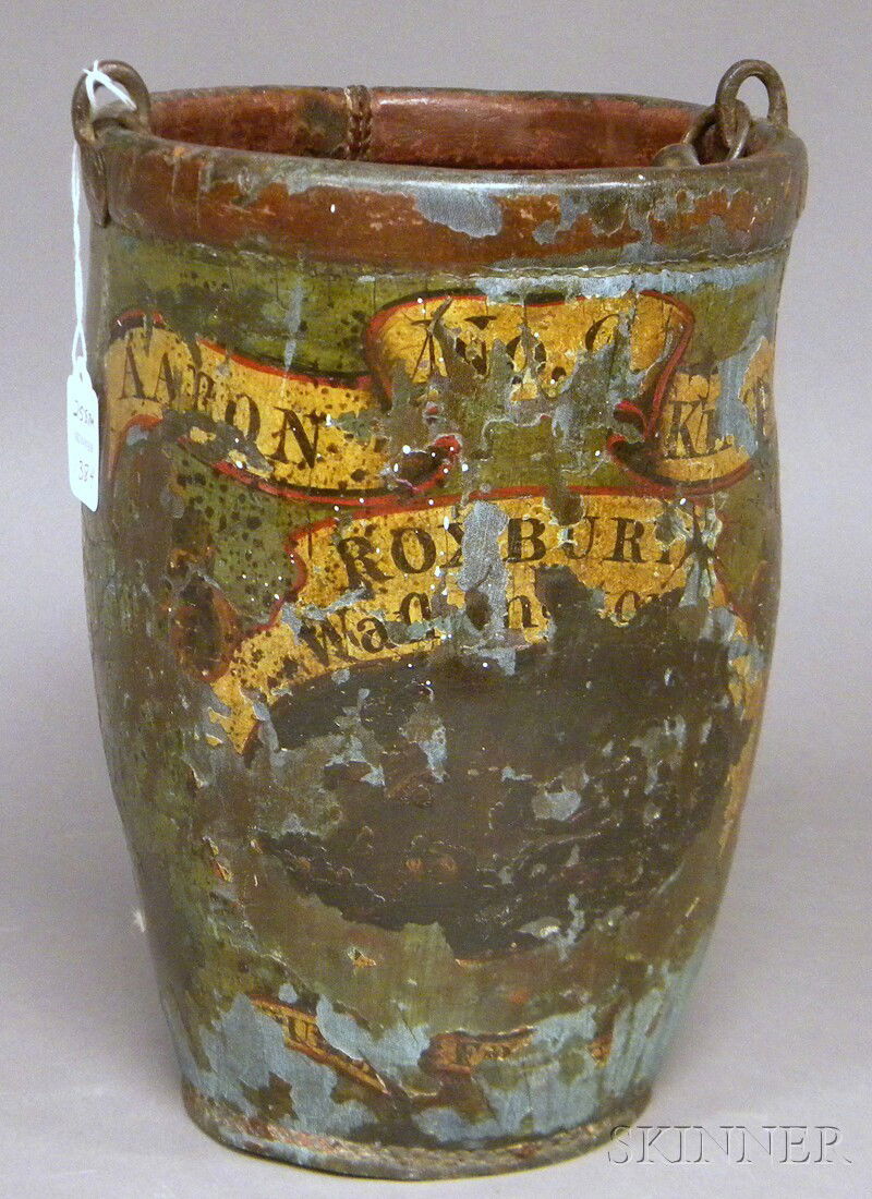 Painted Leather Fire Bucket, partial inscription: Painted Leather Fire Bucket, partial inscription "...Aaron Kingsbery, Roxbury, Washington...," (lacking handle), ht. to rim 11 3/4 in.