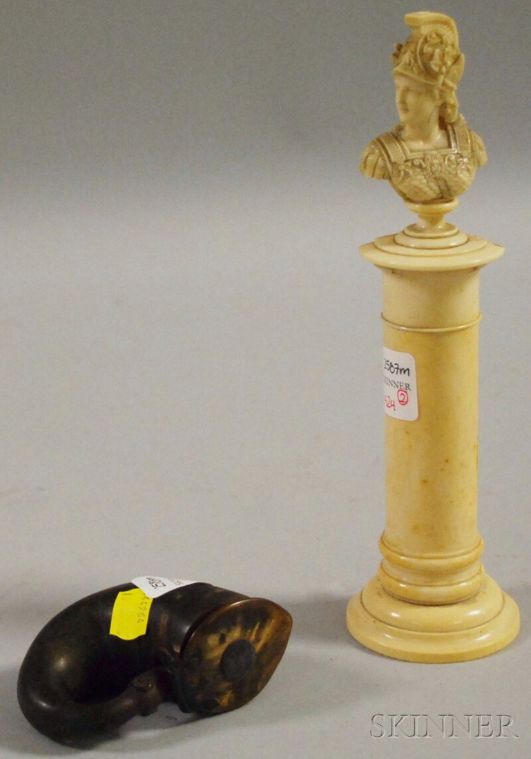 Horn Snuff Mull and a European Carved Ivory Bust: Horn Snuff Mull and a European Carved Ivory Bust of a Roman Soldier on a Pedestal, the mull lid mounted with engraved silver plaque "I Holroyd Shipfcar," the carving in three parts, (the latter with d
