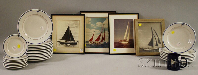 Twenty-seven Pieces of Jackson China Cruising Clu: Twenty-seven Pieces of Jackson China Cruising Club of America Tableware and Four Framed Photographs of Sailing Boats, including twelve dinner plates, eight bread and butter plates, six lunch plates, a