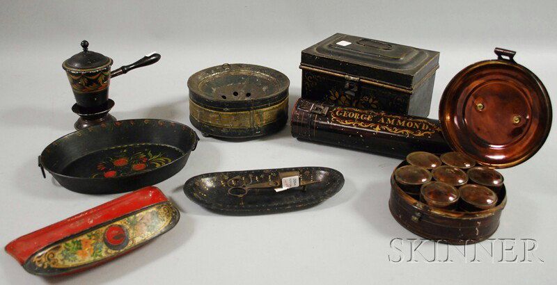 Eight Late 19th Century Tin and Metalware Items,: Eight Late 19th Century Tin and Metalware Items, a spittoon, spice box with seven canisters, document box, dust pan, tray with wick scissors, warmer, oval bowl, and a document tube labeled "George Amm