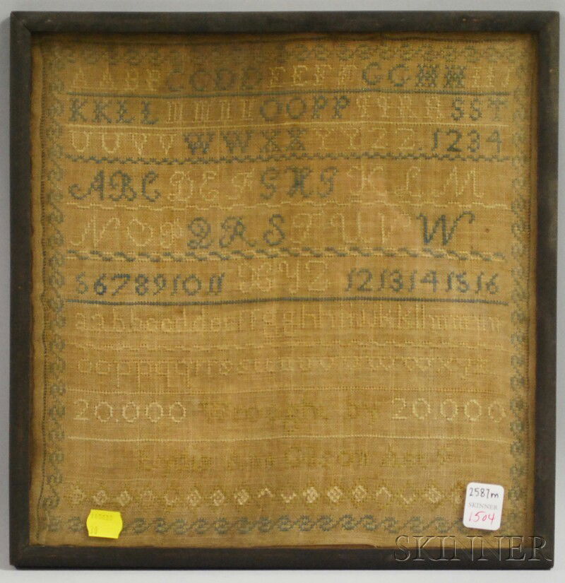 Framed Lydia Ann Olson Needlework Sampler, 19th c: Framed Lydia Ann Olson Needlework Sampler, 19th century, sight size 12 1/4 x 12 in.