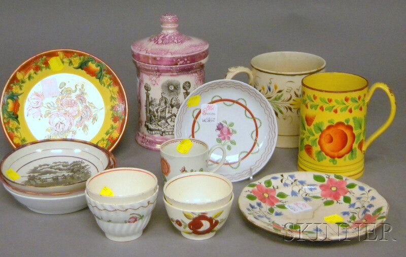 Fourteen Pieces of Assorted English Decorated Cer: Fourteen Pieces of Assorted English Decorated Ceramics, two mugs, a jar, mostly teaware, including lustre, pearlware, etc.