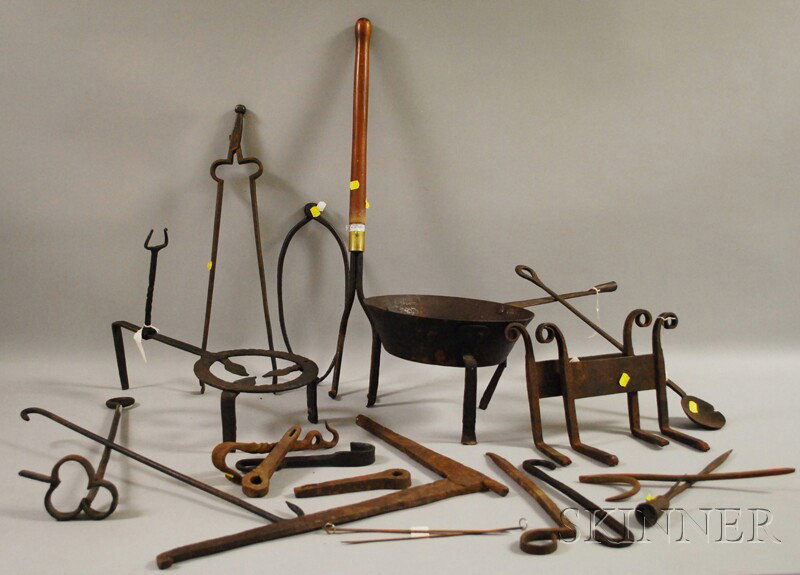 Approximately Twenty Pieces of Wrought Iron Heart: Approximately Twenty Pieces of Wrought Iron Hearth, Fireplace, and Accessory Items, including a branding iron, bootscraper, etc.