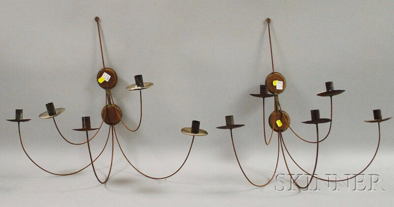 Pair of Wire and Metal Five-light Candle Wall Sco: Pair of Wire and Metal Five-light Candle Wall Sconces, late 20th century.