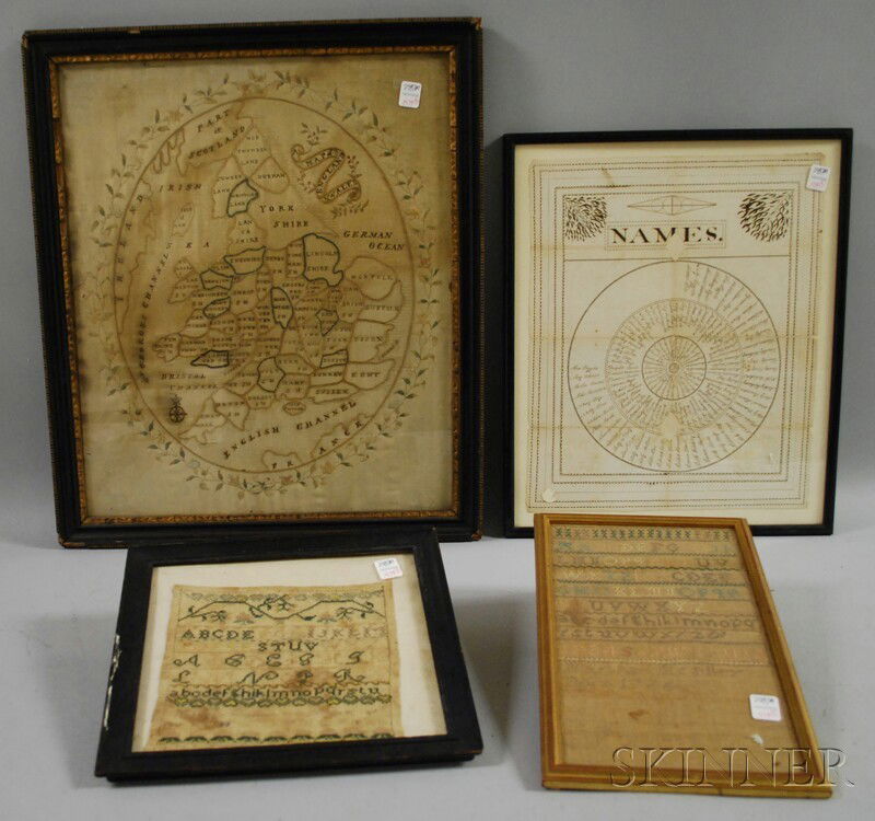 Framed 19th Century Ink on Paper Calligraphic Stu: Framed 19th Century Ink on Paper Calligraphic Study "Names" and Three Framed 18th/19th Century Needleworks, a silk needlework panel A Map of England & Wales, a sampler, and a "Martha Mcalley, born 177