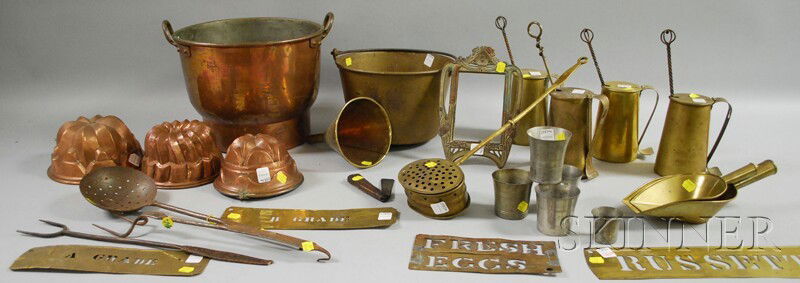 Group of Metal, Copper, Brass, Iron, and Pewter I: Group of Metal, Copper, Brass, Iron, and Pewter Items, including brass chestnut roaster, four Cape Cod lighters, a kettle, funnel, two warmers, two stencils, a metal table frame, copper pot, stencil,
