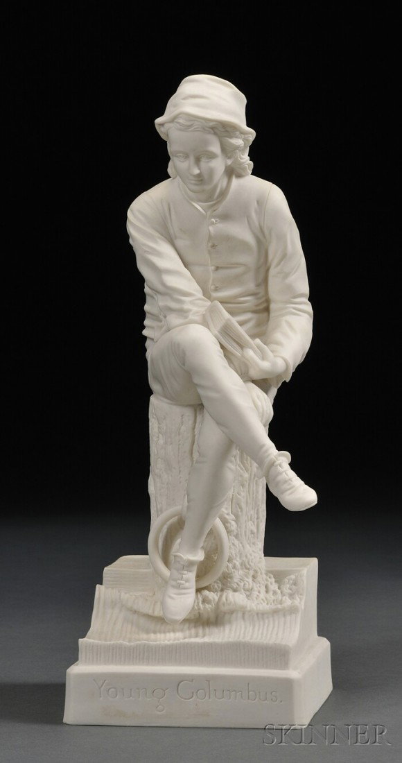Parian Ware Figure of "Young Columbus," by Henry: Parian Ware Figure of "Young Columbus," by Henry F. Libby (1850û1933), Boston, late 19th century, modeled seated on a stump with book in hand, with free-moving ring on stump, impressed title on front