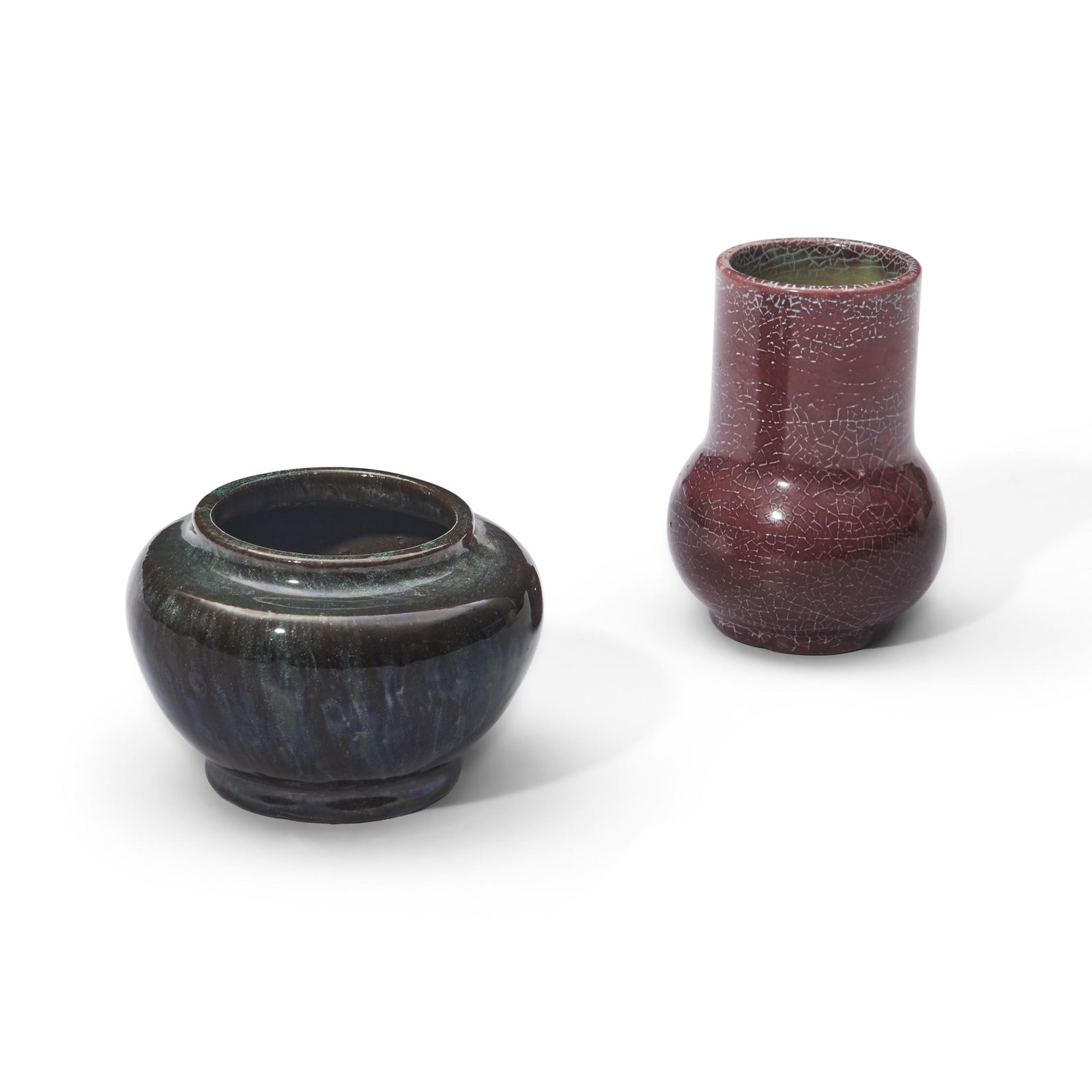 Two W.J. Walley Pottery Pieces,: Two W.J. Walley Pottery Pieces, West Sterling, Massachusetts, c. 1900, both impressed marks "W.J.W.," mottled glazed low bowl, ht. 2 1/2, crackled copper-red glazed vase, ht. 3 3/4 in. Provenance: The