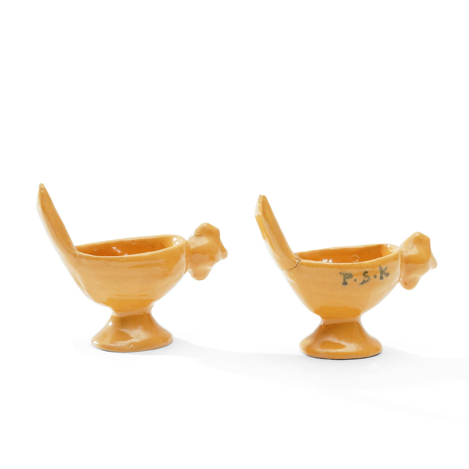Two Paul Revere Pottery Chicken-form Salt Cellars,: Two Paul Revere Pottery Chicken-form Salt Cellars, Boston, Massachusetts, early 20th century, both with ink marks "P.R.P.," ht. 2 3/4, lg. 3 1/4 in.
