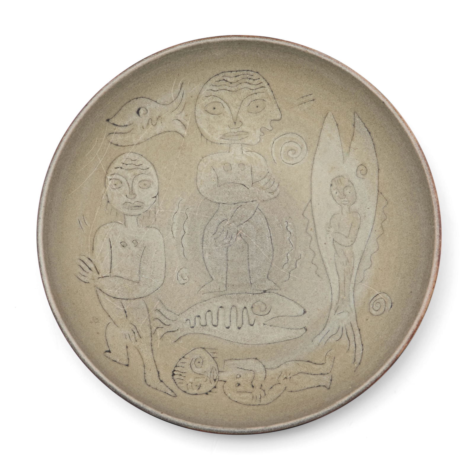 Edwin and Mary Scheier Studio Pottery Bowl,: Edwin and Mary Scheier Studio Pottery Bowl, Durham, New Hampshire, c. 1955, incised decoration depicting figures and fish, incised signature, dia. 11 in.