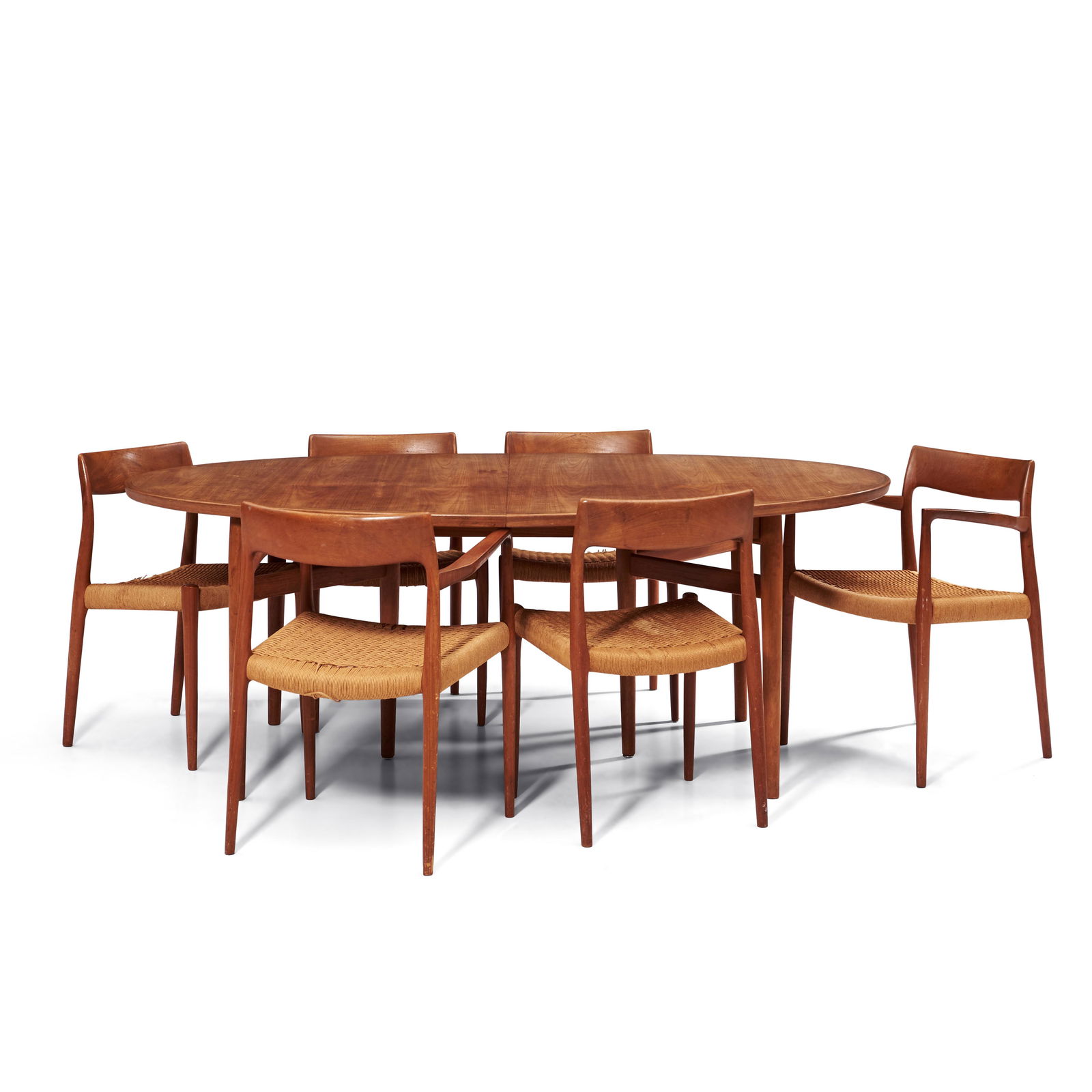 Danish Modern Teak Dining Table and Six Neils Otto Møller Chairs,: Danish Modern Teak Dining Table and Six Neils Otto Møller Chairs, Denmark, c. 1960, table, apparently unmarked, ht. 28 1/2, wd. 78, dp. 48 3/4, two extension leaves, 19 1/2 x 48 3/4, chairs with